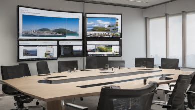 AI-generated image: A large, rectangular conference table dominates the scene, surrounded by modern, gray chairs.
