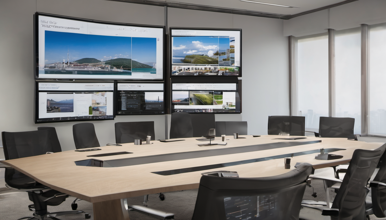 AI-generated image: A large, rectangular conference table dominates the scene, surrounded by modern, gray chairs.