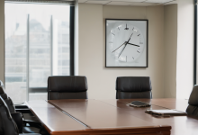 AI-generated image: A medium shot of a modern, empty conference room.