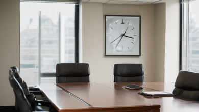 AI-generated image: A medium shot of a modern, empty conference room.
