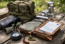 AI-generated image: A green military-style backpack is in the foreground.