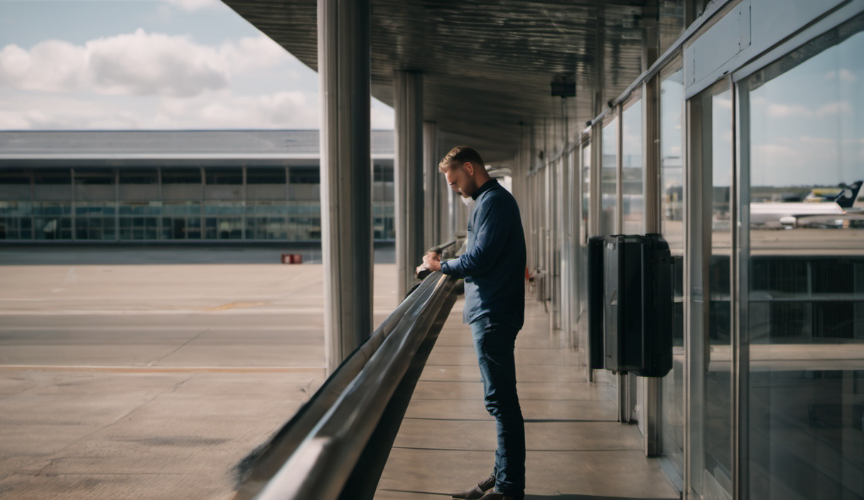 AI-generated image: A man is standing in an airport terminal.