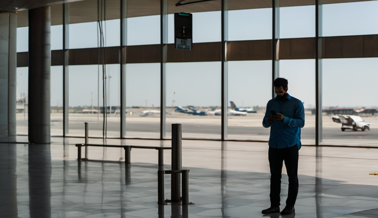 AI-generated image: A man is standing in an airport terminal.