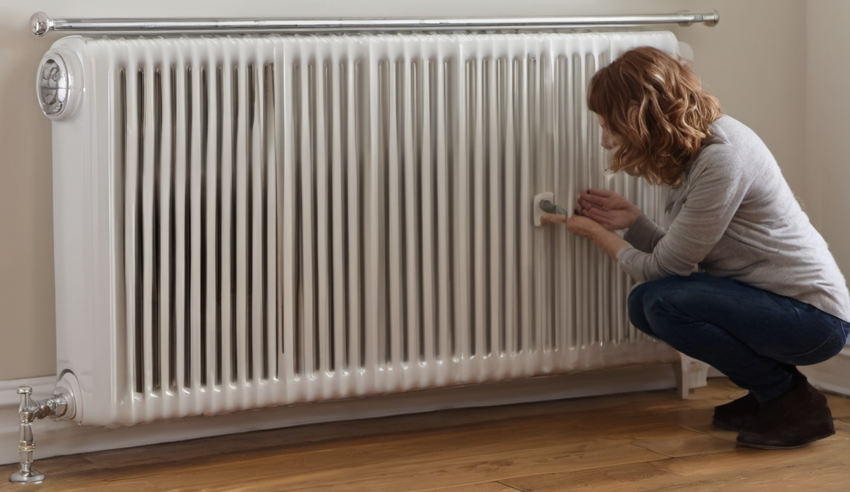 AI-generated image: A woman is kneeling in front of a white radiator.
