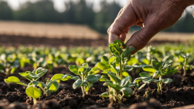 AI-generated image: A close-up photograph of a hand with aged skin, touching a young plant growing in soil.