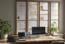 AI-generated image: A modern office workspace with a wooden desk, a large computer monitor displaying charts and graphs, and a secondary monitor.