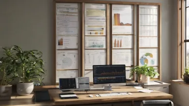AI-generated image: A modern office workspace with a wooden desk, a large computer monitor displaying charts and graphs, and a secondary monitor.