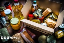 Assortment of food items including oils, pasta and dried foods