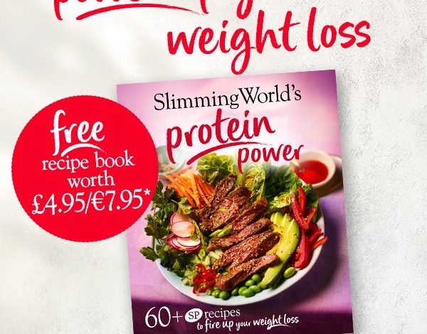 Text reads 'Power up your weight loss'. 'free recipe book'. Image of Slimming World's Protein Power recipe book. free recipe book worth £4.96/€7.95* *offer…