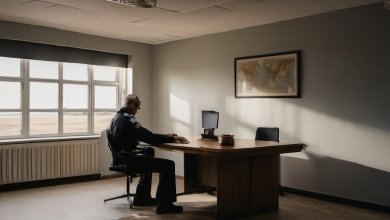 AI-generated image: A man wearing a dark uniform and a badge is sitting at a wooden desk.