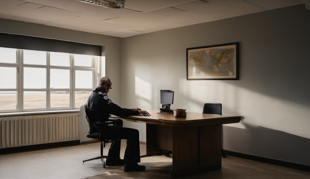 AI-generated image: A man wearing a dark uniform and a badge is sitting at a wooden desk.
