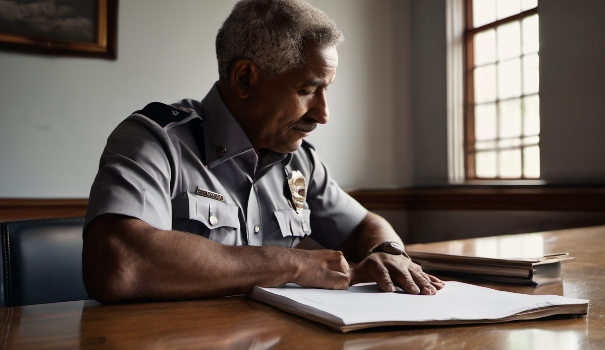 AI-generated image: A middle-aged Black man is seated at a wooden table.