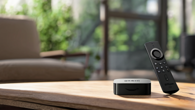 AI-generated image: A wooden table with a black Amazon Fire TV device and a black remote control on it.