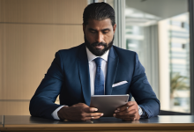 AI-generated image: A man is sitting at a wooden table in an office.
