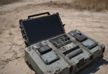 AI-generated image: A partially open, gray, ruggedized electronic case is the main subject.