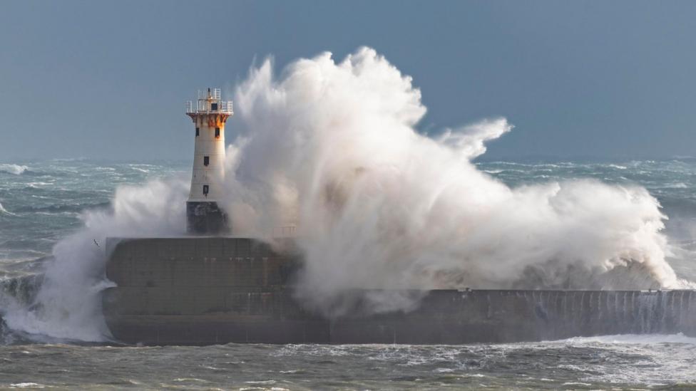 Image caption, Large waves at Hatton in Aberdeenshire on Saturday