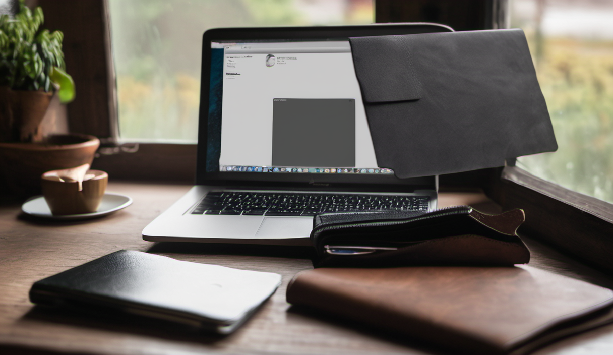 AI-generated image: A wooden table with a laptop, a leather-bound notebook, and another leather-bound notebook.
