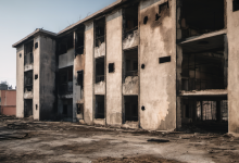 AI-generated image: A large, dilapidated building with a gray concrete exterior is the main subject.