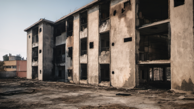 AI-generated image: A large, dilapidated building with a gray concrete exterior is the main subject.