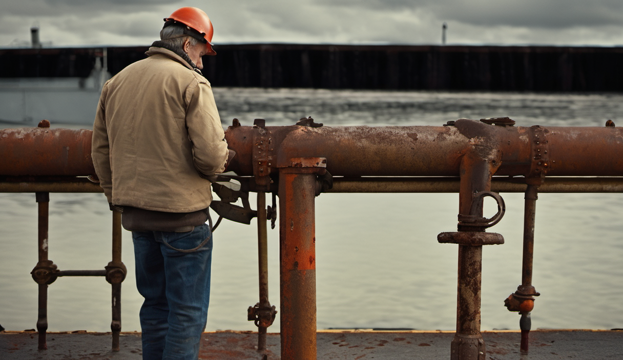 AI-generated image: The image shows a man wearing a brown jacket, blue jeans, and an orange hard hat.