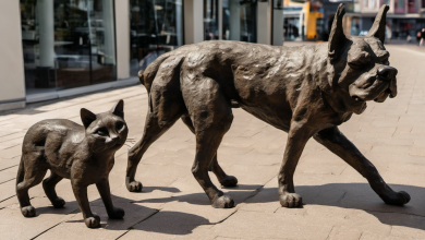 AI-generated image: A bronze sculpture depicting a dog and a cat.