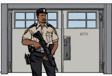 AI-generated image: A man wearing a dark uniform with a gold badge and shoulder boards is standing in the foreground.