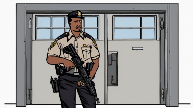 AI-generated image: A man wearing a dark uniform with a gold badge and shoulder boards is standing in the foreground.