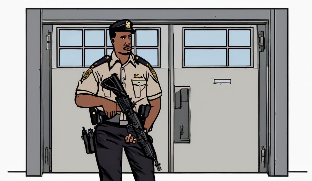 AI-generated image: A man wearing a dark uniform with a gold badge and shoulder boards is standing in the foreground.