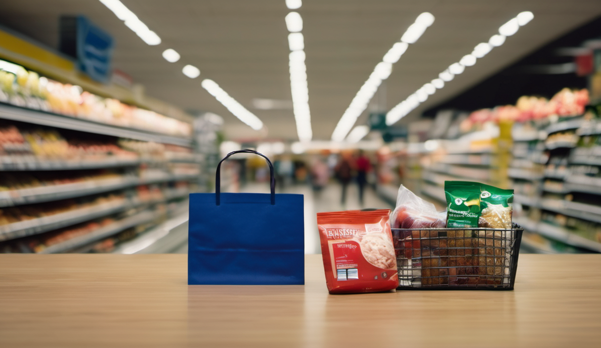 AI-generated image: The image shows a small, woven basket containing several packaged food items.