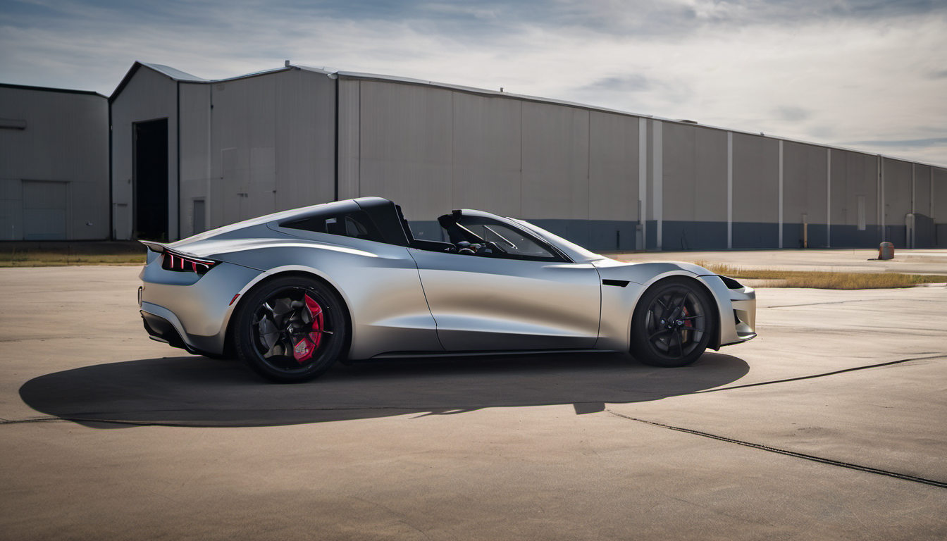 AI-generated image: A silver sports car with a convertible top is parked on an asphalt road.