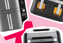 Selection of three air fryers featured in Good Food's best air fryers guide, shown in a collage against a bright pink and red background.