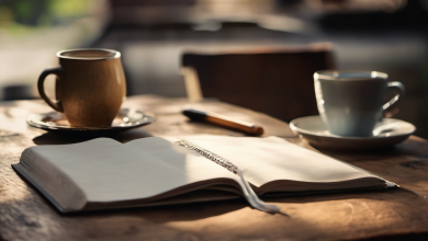 AI-generated image: A wooden table with an open notebook and a pen.