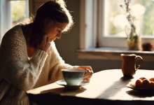 AI-generated image: A woman is sitting at a wooden table with a cup and saucer.