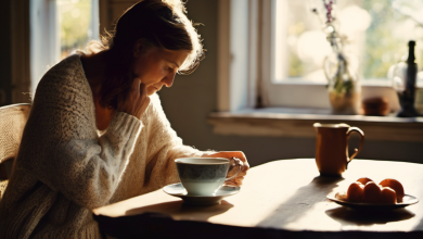 AI-generated image: A woman is sitting at a wooden table with a cup and saucer.