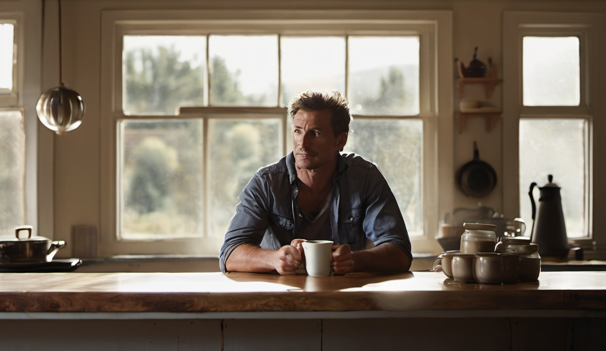 AI-generated image: A man is sitting at a wooden kitchen counter.