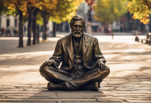 AI-generated image: A bronze statue of a man seated in a lotus position, wearing a suit and tie, with a beard.