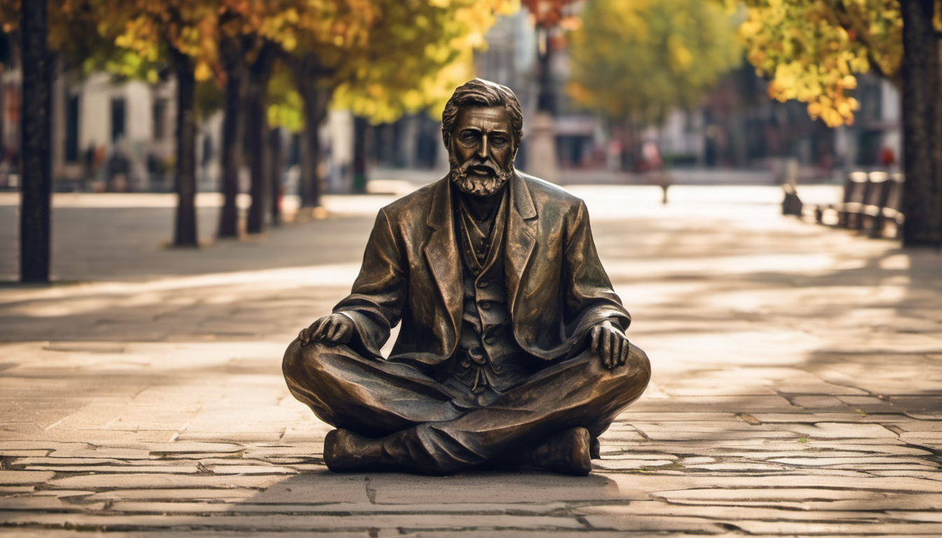 AI-generated image: A bronze statue of a man seated in a lotus position, wearing a suit and tie, with a beard.