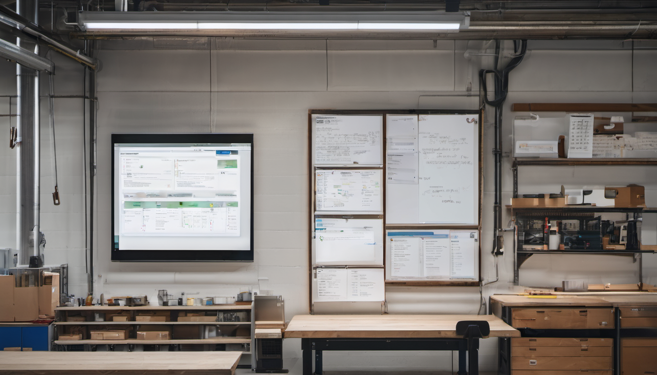 AI-generated image: The image shows a workshop interior with a workbench, several wooden tables, and a wall covered in whiteboards and bulletin boards.