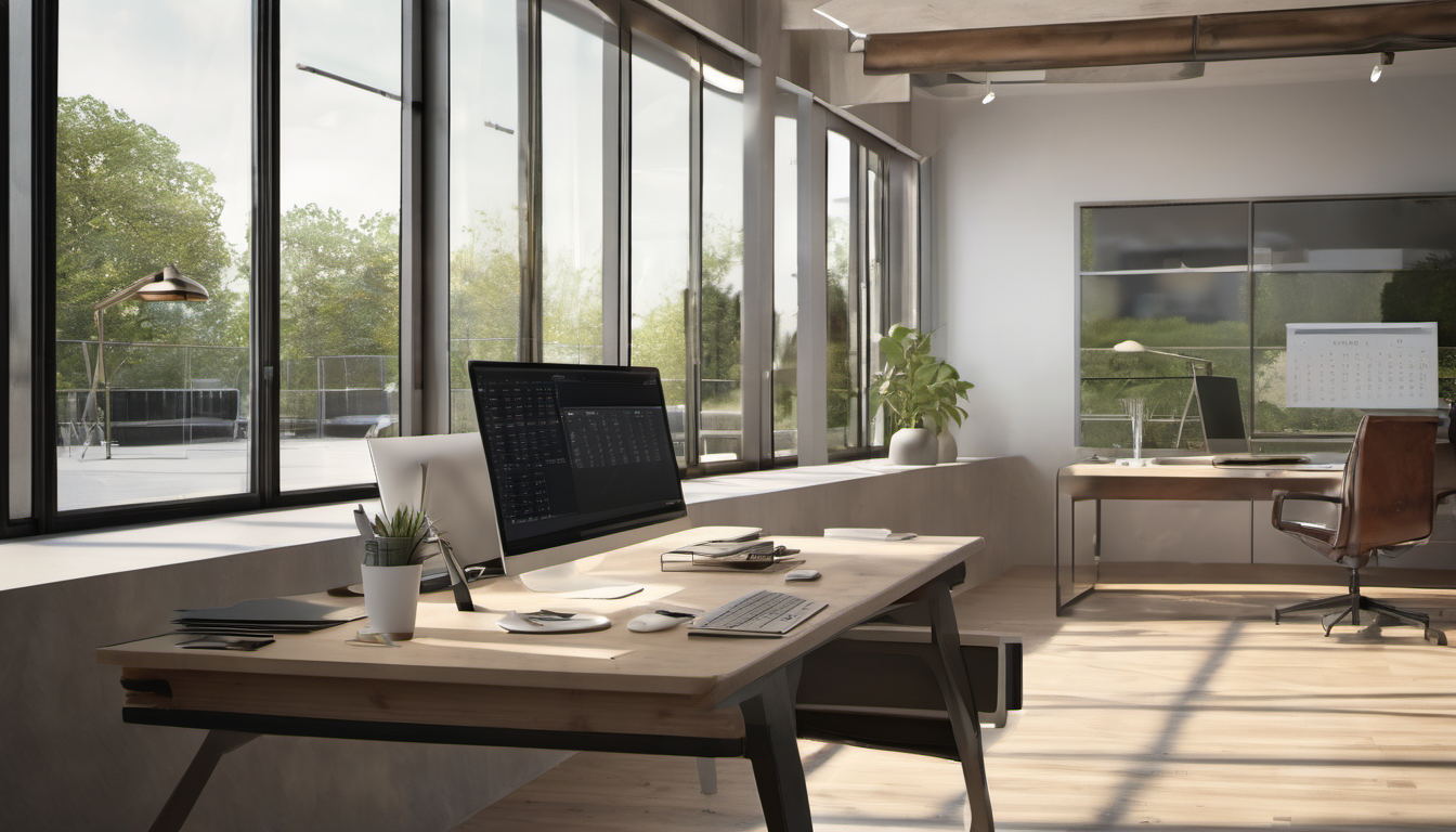 AI-generated image: A modern, bright office interior featuring a large wooden desk with a white computer monitor, keyboard, and various accessories.