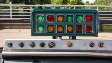 AI-generated image: A teal-colored control panel with multiple indicator lights is the main subject.