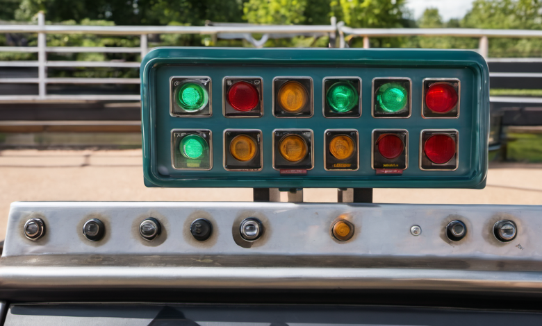 AI-generated image: A teal-colored control panel with multiple indicator lights is the main subject.