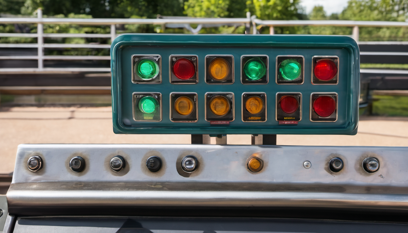AI-generated image: A teal-colored control panel with multiple indicator lights is the main subject.