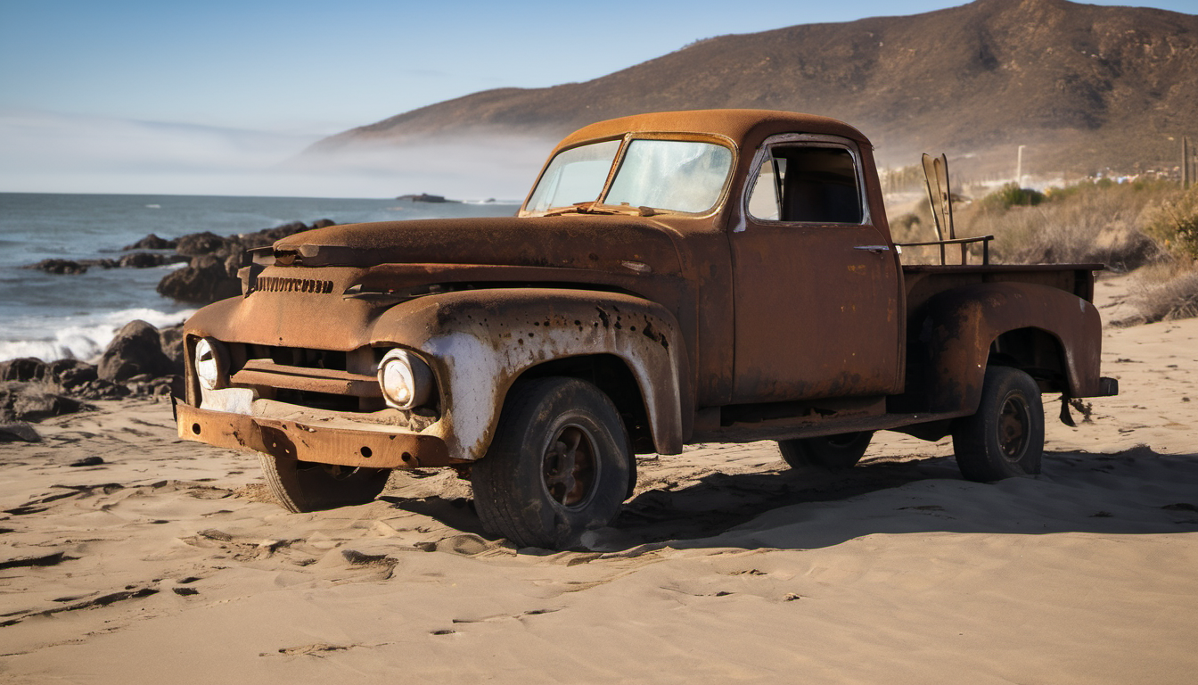 AI-generated image: A heavily rusted, vintage pickup truck is parked on a sandy beach.
