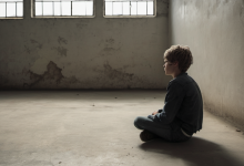 AI-generated image: A young boy is sitting on a concrete floor in a room with a dark, textured wall and a window.