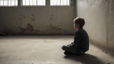 AI-generated image: A young boy is sitting on a concrete floor in a room with a dark, textured wall and a window.