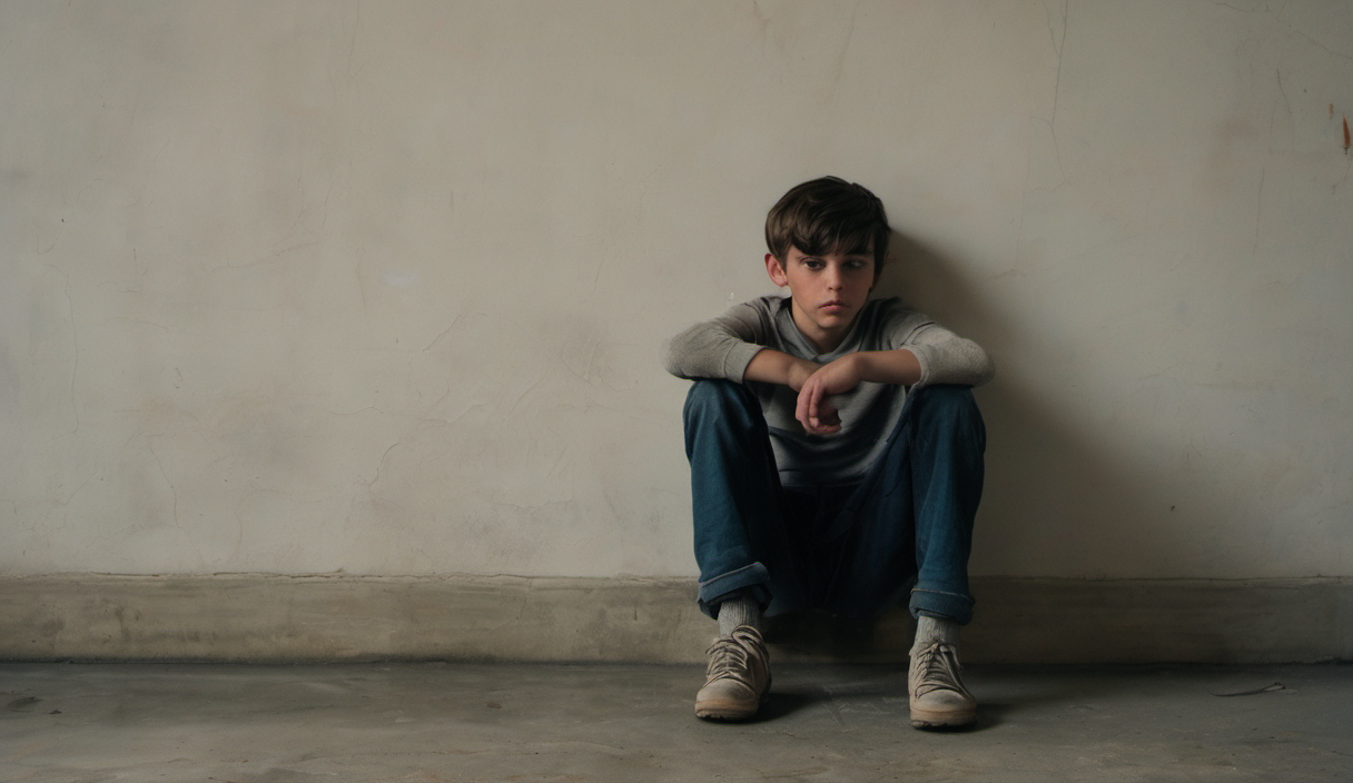 AI-generated image: A young boy is sitting on the floor against a light gray wall.