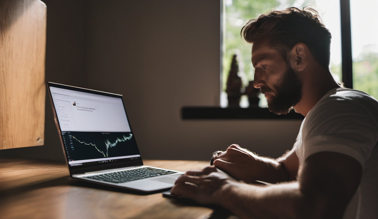 AI-generated image: A man with a beard is sitting at a wooden table and working on a laptop.