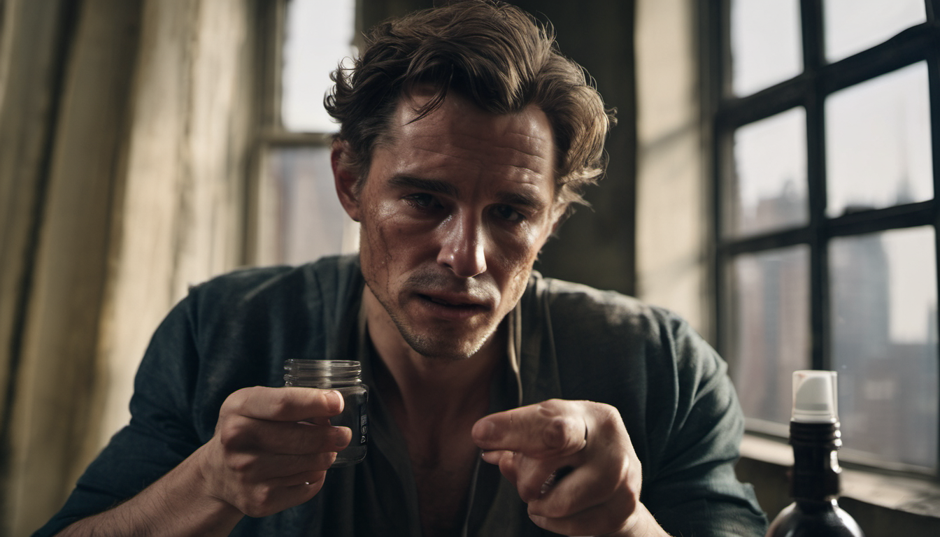 AI-generated image: A close-up shot of a man with dark hair and a weathered face, wearing a dark green shirt.