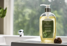 AI-generated image: A white soap dish with a yellow liquid soap dispenser is the main foreground subject.