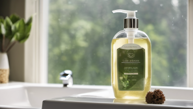 AI-generated image: A white soap dish with a yellow liquid soap dispenser is the main foreground subject.